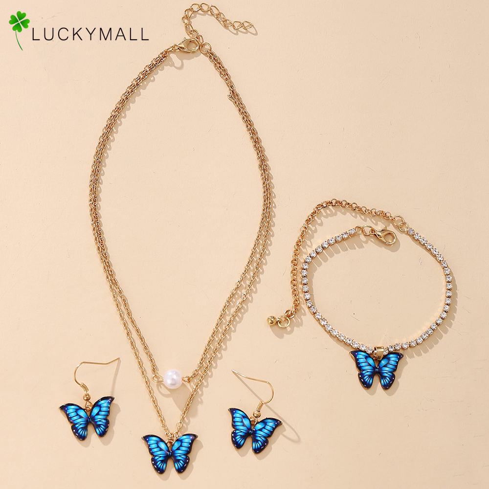 Set Anting Kalung Gelang Rantai Choker Hias Liontin Kupu-Kupu Gaya Retro Korea Untuk Wanita