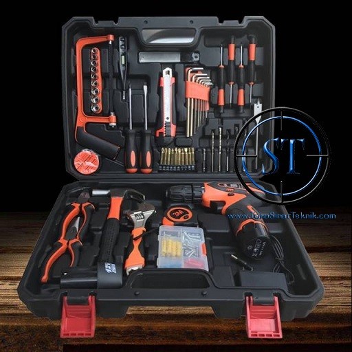 Paket Bor Listrik Cordless Baterai Charger Cas Obeng Beton Kayu Besi Set Perkakas Set Toolkit koper 102 Pcs