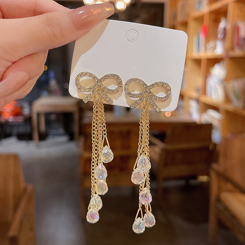 Anting Tusuk Gantung Panjang silver 925 Desain Pita Hias Kristal Berlian Untuk Wanita