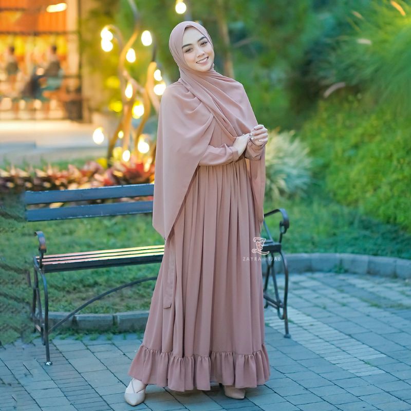 (Bisa COD) Gamis set hijab pashmina/gamis ceruty babydol full furing/ gamis syari-2