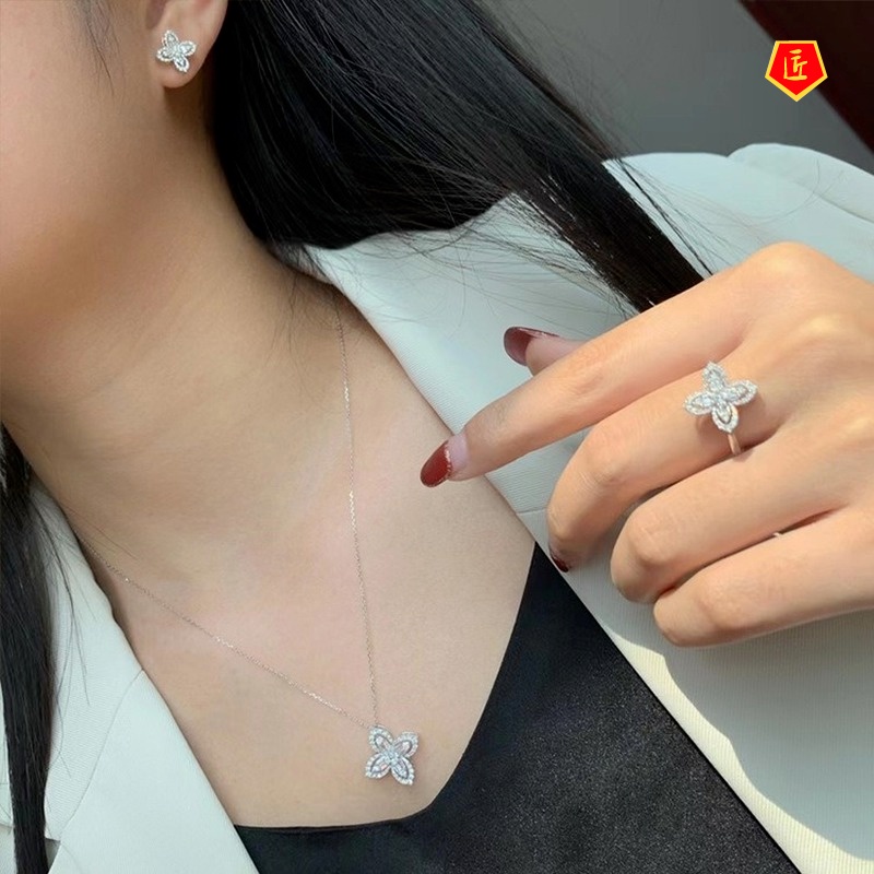 [Ready Stock]Female Niche Diamond Clover Ear Stud Necklace Ring Set