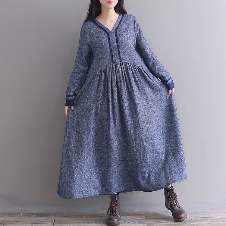 2018 autumn winter linen dress for women V-Neck vintage loose long sleeve dress