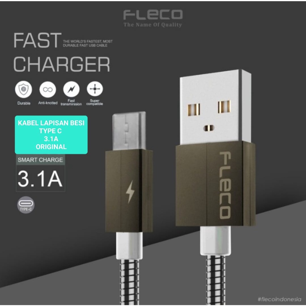 J409 FLECO KABEL DATA FAST CHARGING LAPISAN BESI TYPE C 3.1A METAL SUPER CABLE CHARGER CHARGE FLASH QUICK FASTER J409  usb kabel data metal 3.1A fast charging cable cas qualcom quick charge flash maximum speed quallcom charger hp handphone androi