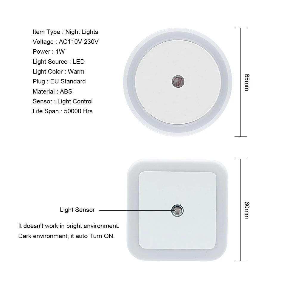 Lampu Malam LED Bulat Warna Putih Dengan Sensor Gerak Plug EU US Untuk Dekorasi Rumah