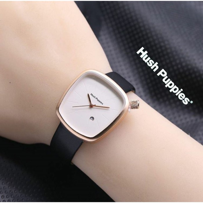jam tangan wanita hush puppies semi original / jtr 920 hitam plat puti Kualitas import