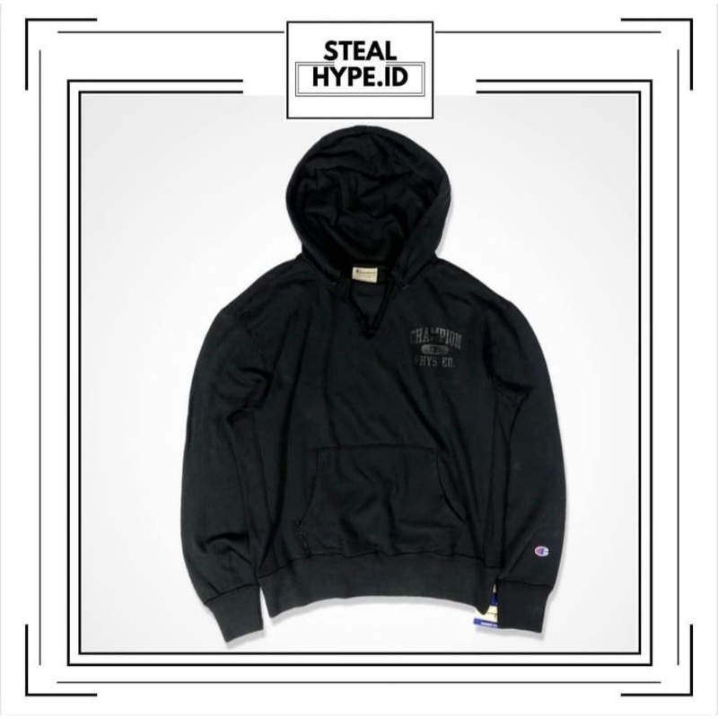 CHAMPION HOODIE VINTAGE DYE PHSYCAL EDUCATION BLACK ORIGINAL 100%