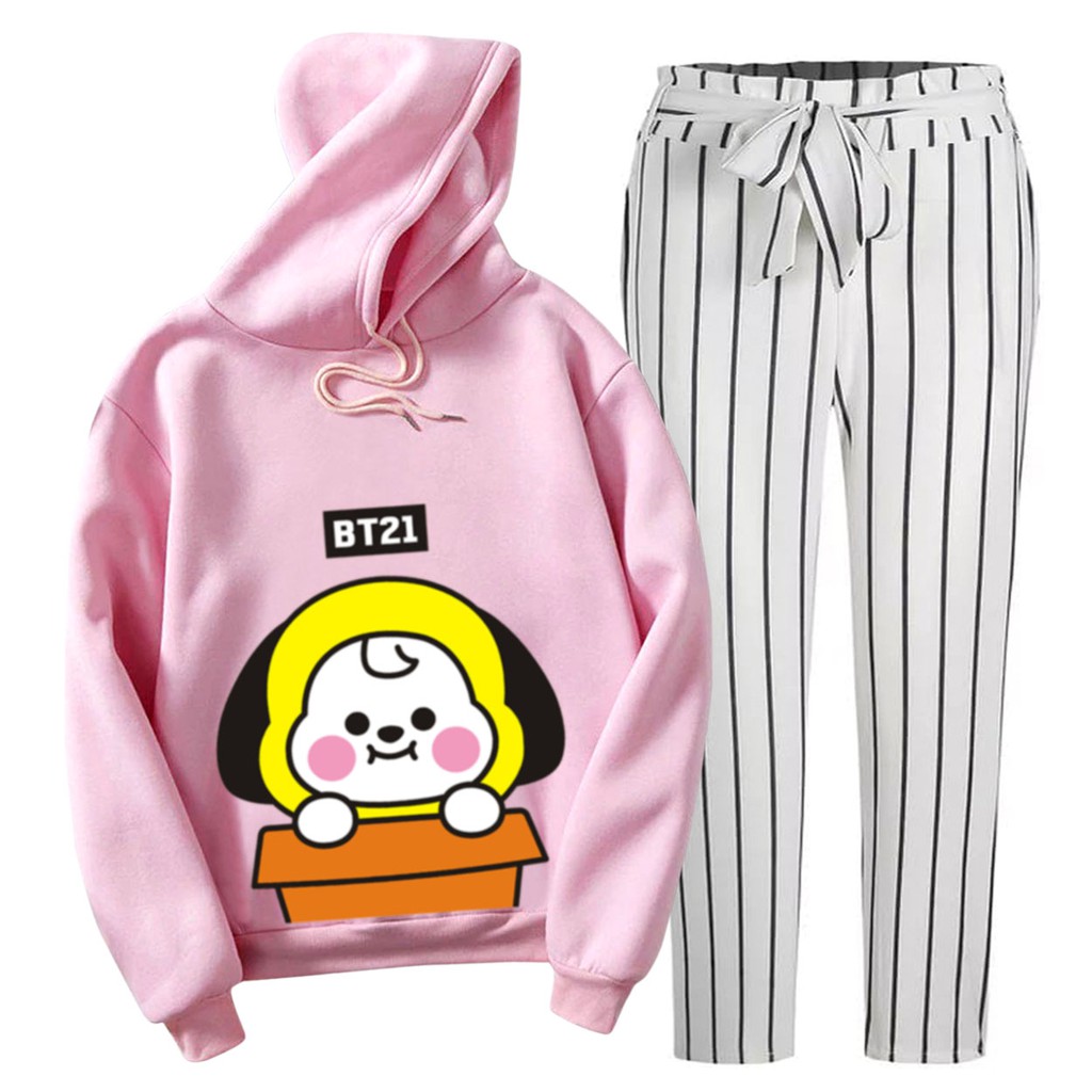 BESS - Setelan Hoodie Wanita Murah / Setelan Hoodie + Celana Salur Putih - CIMY BW