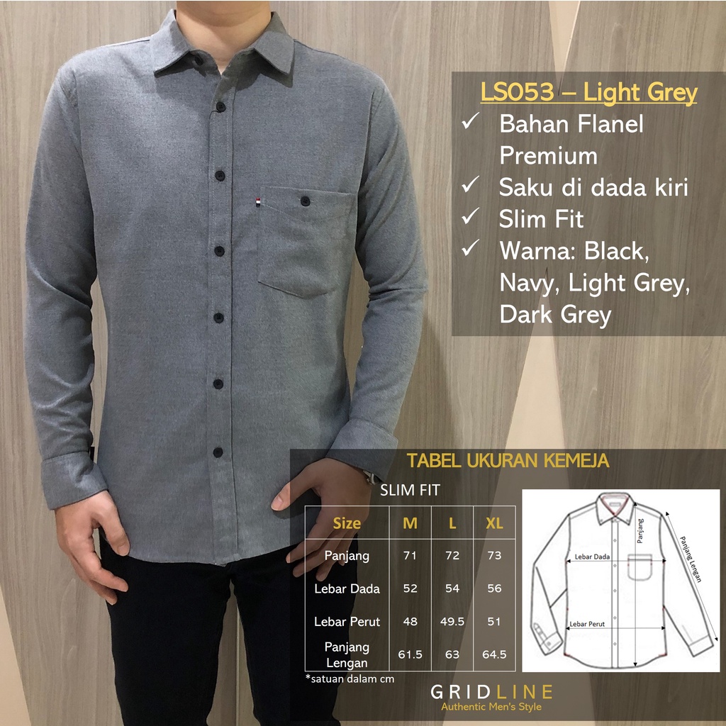 [GRIDLINE - LS053 Flanel Black, Navy, Light Grey, Dark Grey] Kemeja Flanel Polos Slimfit Pria Panjang Keren Premium Simpel Elegan