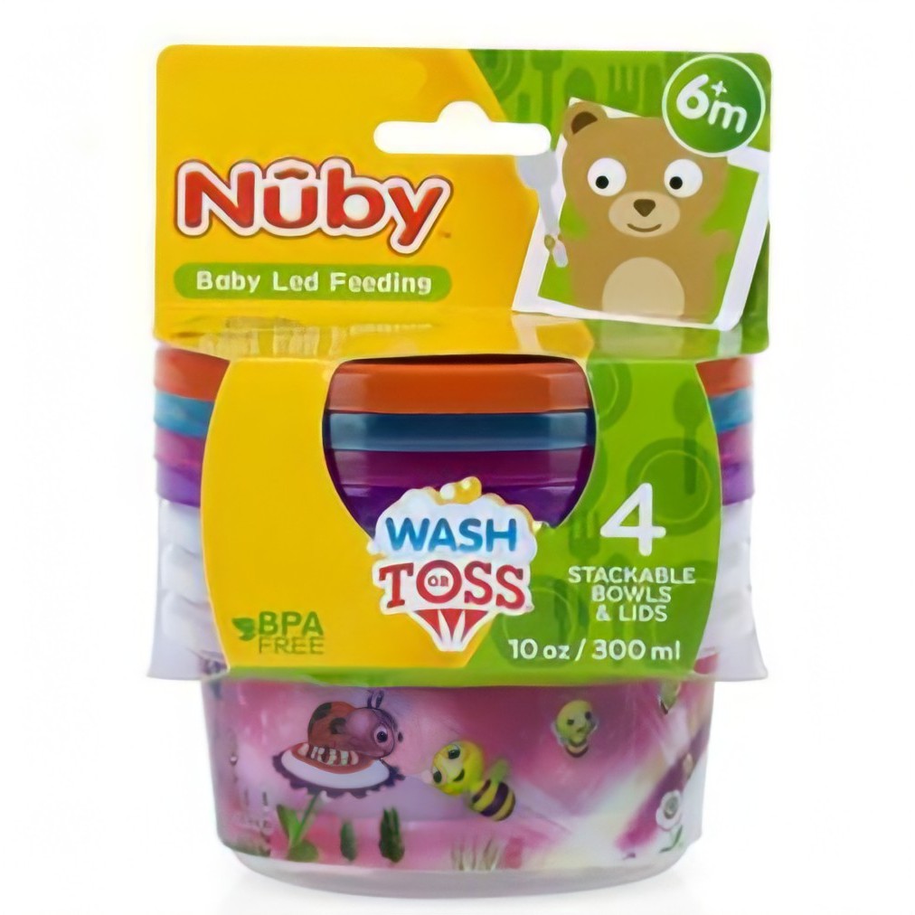 Nuby 4 Pack Stackable Printed Wash or Toss Bowls with Lids 6m+ 300ml - 94043