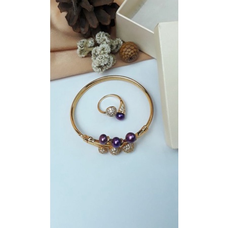 Mutiara Lombok Asli | Set gelang dan cincin rhodium mutiara air tawar asli warna ungu