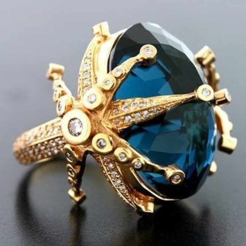 Cincin Desain Bintang Laut Merak Topaz Biru Lapis Emas Emas Asli Kadar 375Gaya Bangkok