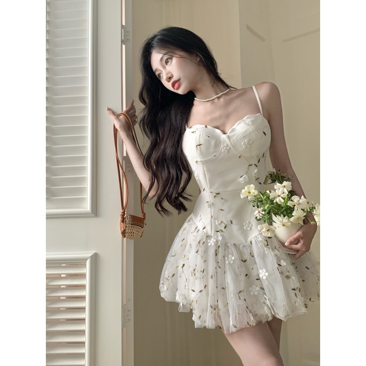 Mini Dress Murni Desire Floral Sling Dress wanita Musim Panas Desain Kecil French Tea Break Sexy Pin