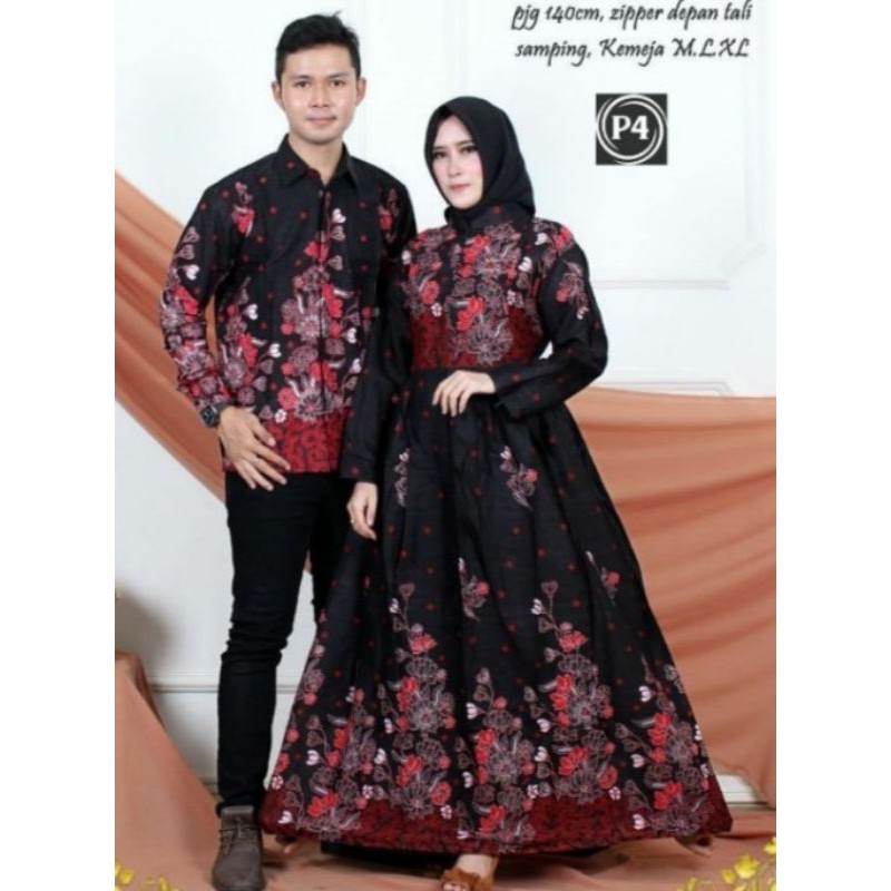 Batik couple keluarga Sania ruffle ORI ndoro jowi motif sakura merah-Couple kemeja