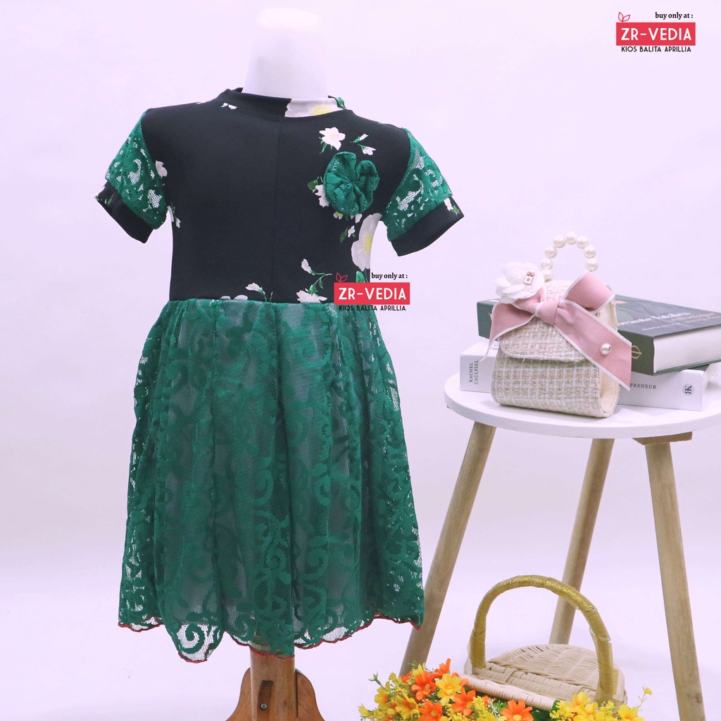 Dress Yuki uk 3-4 Tahun / Dres Lengan Anak Perempuan Brukat Adem Murah Baju Gaun Pesta Import