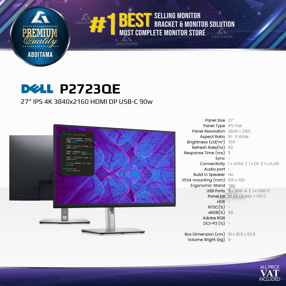 Monitor LED Dell P2723QE 27&quot; IPS 4K 3840x2160 HDMI DP USB-C 90w