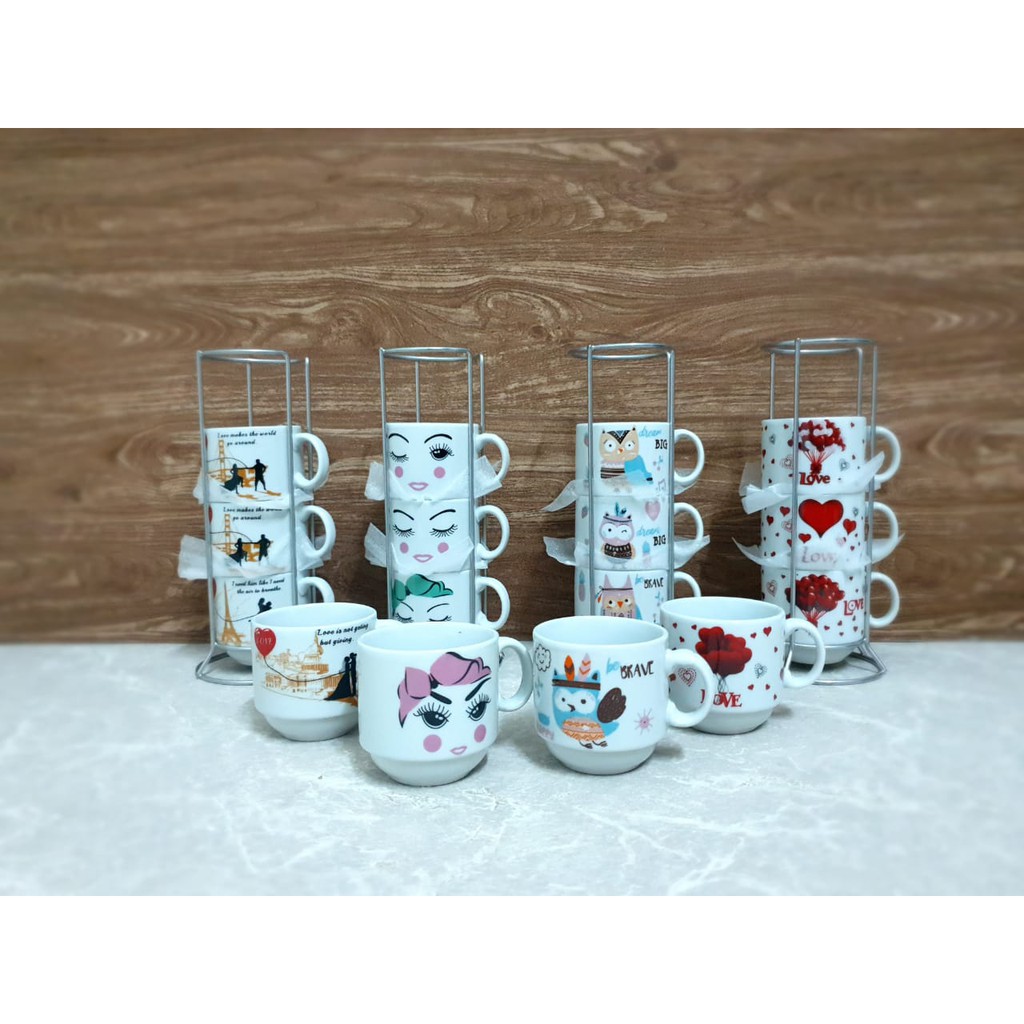 BABEE MUG KERAMIK SET 4 SUSUN SIZE S / CANGKIR GELAS 4 SUSUN BANYAK MOTIF / MUG TEH KOPI / KADO UNIK