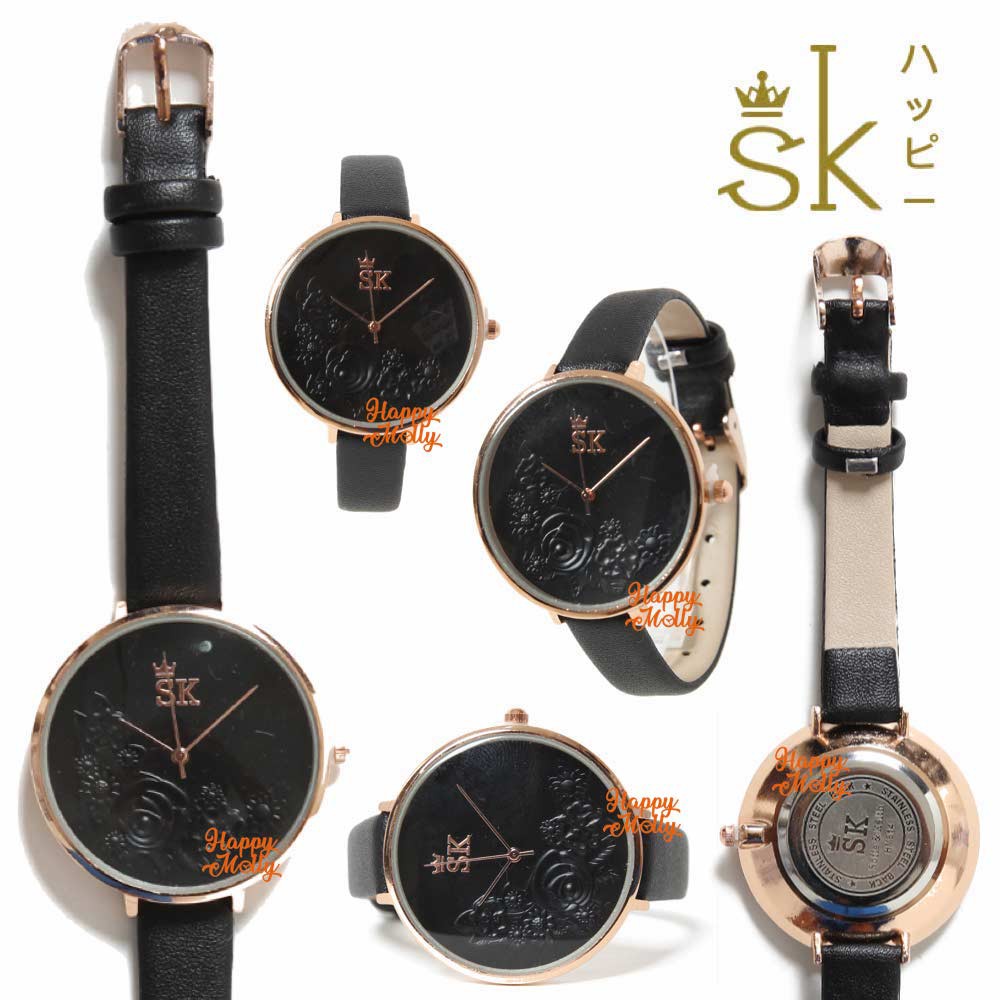 SK Mawar 3D [ Hitam ] Jam Tangan Water Resistant Wanita Fashion Strap Leather - SK_814