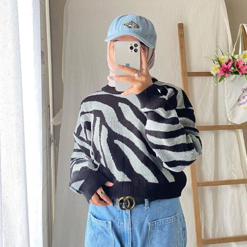 SWEATER CROP ZEBRA KNIT / SWEATER RAJUT PREMIUM / BLOUSE WANITA ZEBRA / ATASAN WANITA KEKINIAN / SWEATER RAJUT CROP