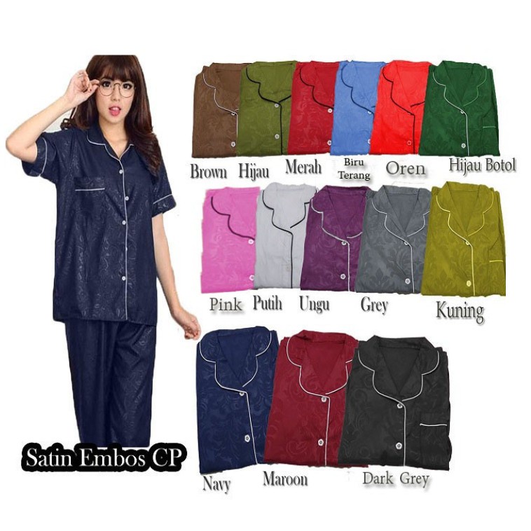 FORTGLASS CP Piyama Saten Sleepwear Stelan Baju Tidur Lengan Pendek Celana Panjang Satin Embos