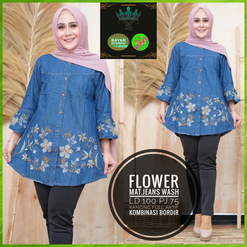 Baju Atasan Tunik Jeans Denim Wanita Terbaru 2021 Busui Kekinian Bordir Halus Bunga Premium Ld 100 P 75 Flower Dress Allsize