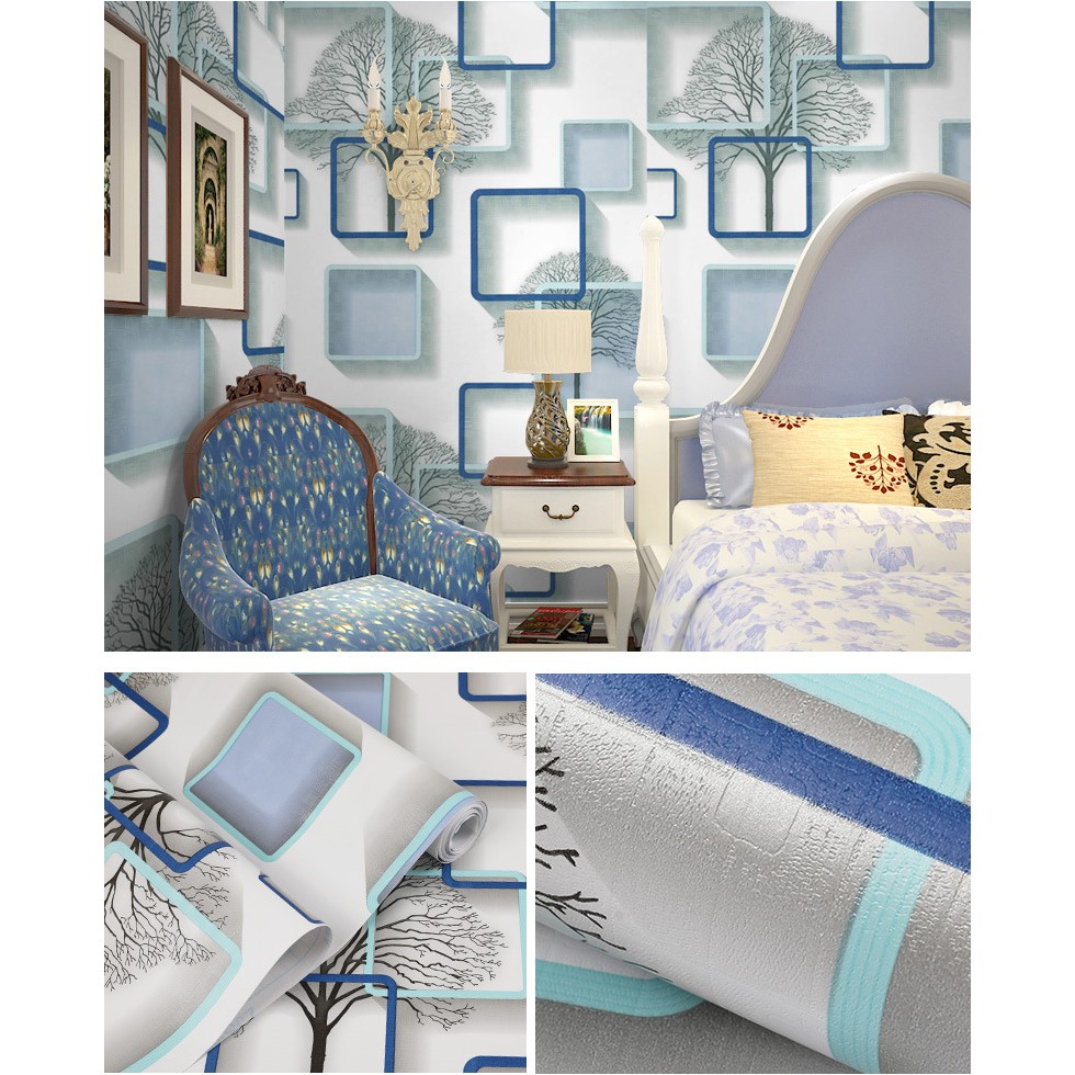 WALLPAPER STICKER KOTAK 3D TREE &amp; SQUARE BLUE  / WALLPAPER DINDING BEST SELLER !!!