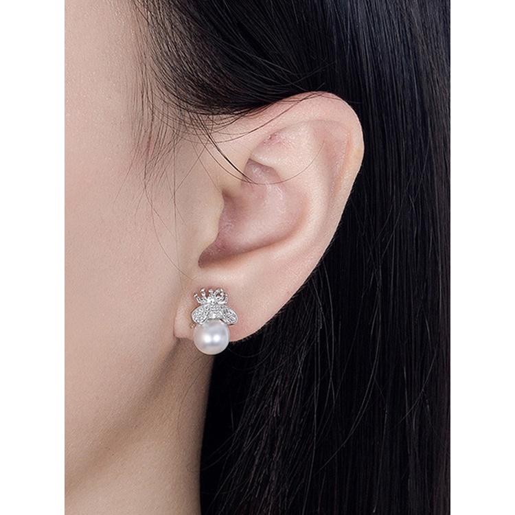 Anting Stud Desain Hewan Lebah Aksen Mutiara Kristal Kubik Zirkonia Untuk Wanita