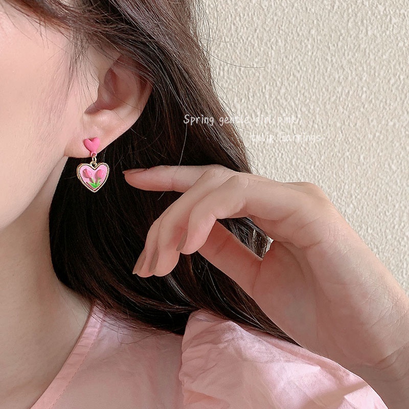 Anting Bentuk Bunga Hati Warna Pink Untuk Wanita