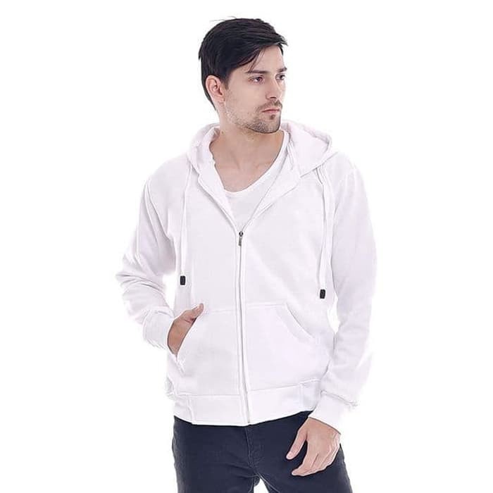 Jaket Wanita FortKlass Jaket Zipper Polos Pria Kupluk Hoodie Unisex Pria Wanita - Putih, M(F9J8) Jak
