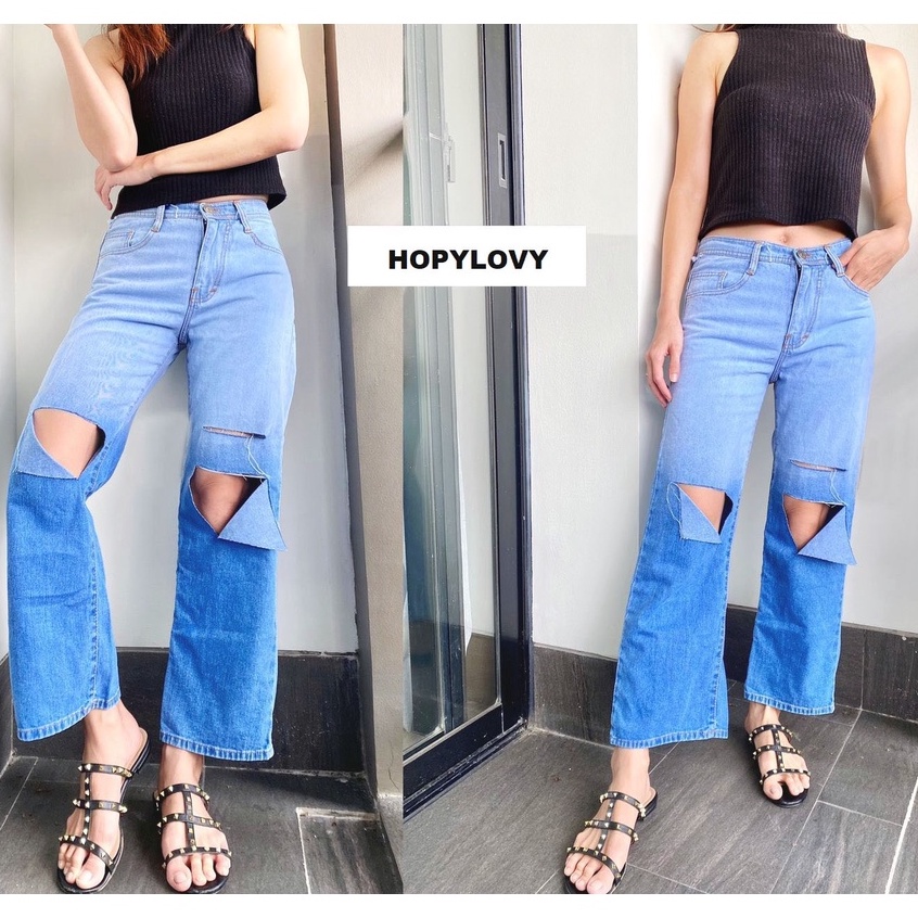 HOPYLOVY Celana Kulot Jeans Highwaist Gradasi Sobek Lutut Trisha