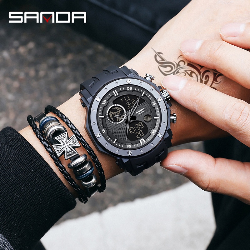 SANDA 6012 Jam Tangan Pria Digital Analog Tali Rubber Chronograph Anti Air WATCHKITE WKOS