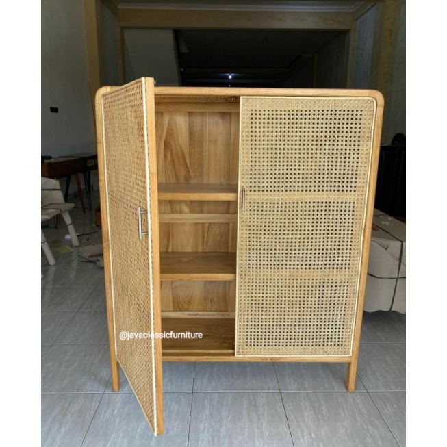 ALMARI LEMARI PAKAIAN ROTAN PINTU 2 CUSTOM RETRO MINIMALIS VINTAGE UNIK BAHAN KAYU JATI FINISHING NATURAL BLEACHING FURNITURE JEPARA-2