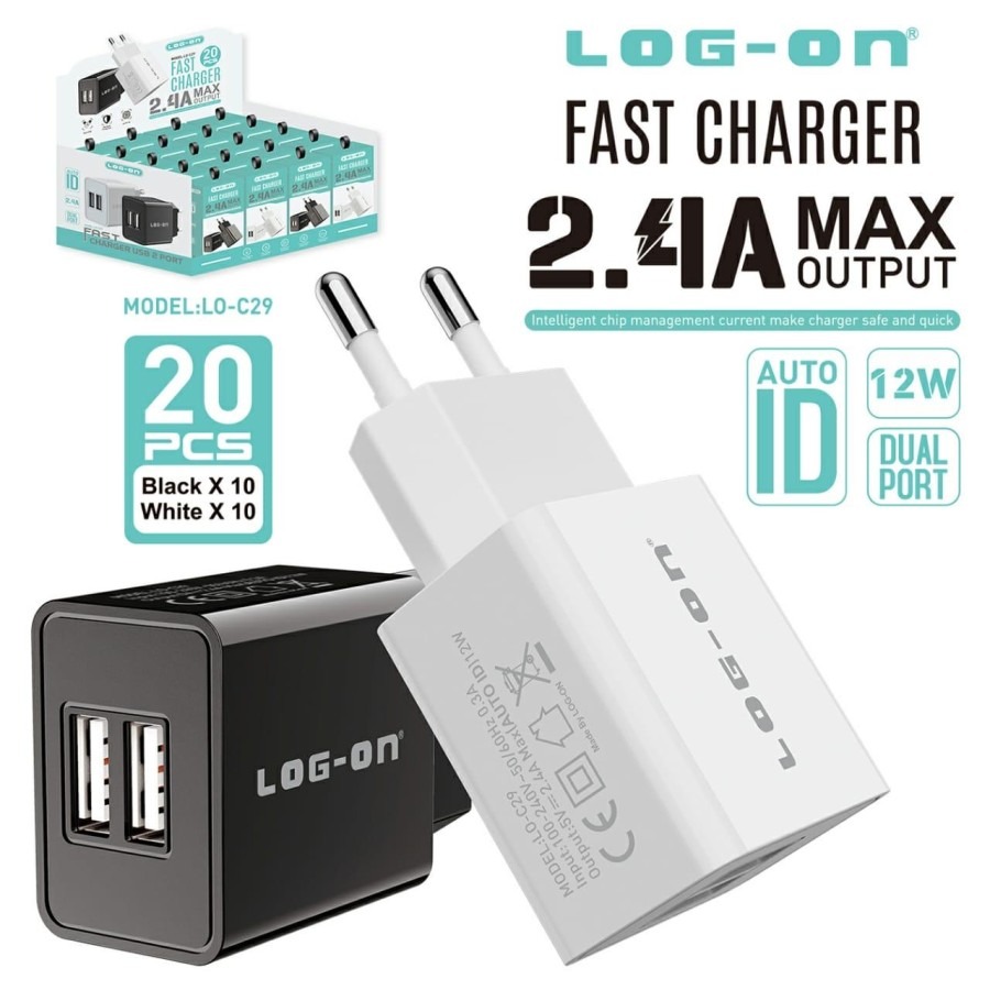 ADAPTOR BATOK CHARGER LOG ON LO-C29 FAST CHARGING 2.4A DUAL PORT USB