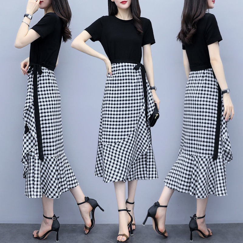 Ready Elegan M-4XL Setelan One Set Wanita Kaos Hitam Lengan Pendek + Wrap Rok Fishtail Kotak-kotak Stelan Kasual Ramping