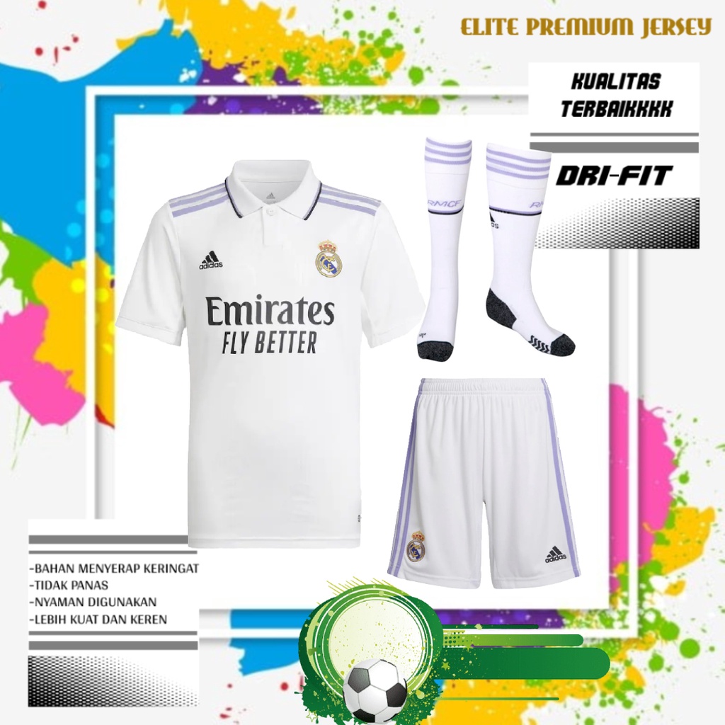 FUL SET SETELAN JERSEY, CELANA DAN KAOS KAKI SEPAK BOLA  REAL MADRID HOME 2022/2023 GRADE-ORI | SETE