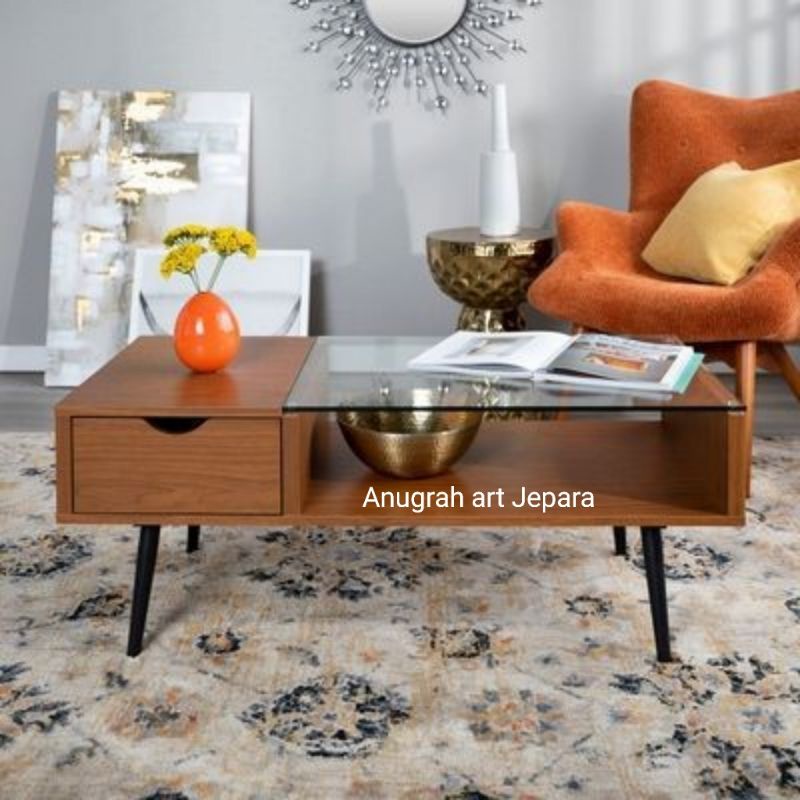 meja kopi coffe table jati minimalis + kaca