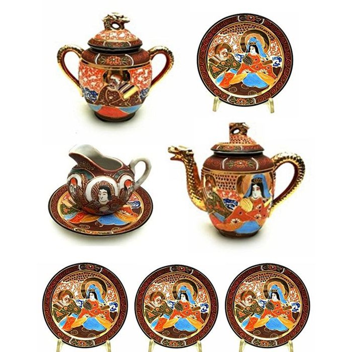 ANTIQUE SATSUMA DRAGONWARE GEISHA 15309 - TEA SET - SATSUMA - TEKO - CANGKIR - ANTIK - TEA SET NAGA