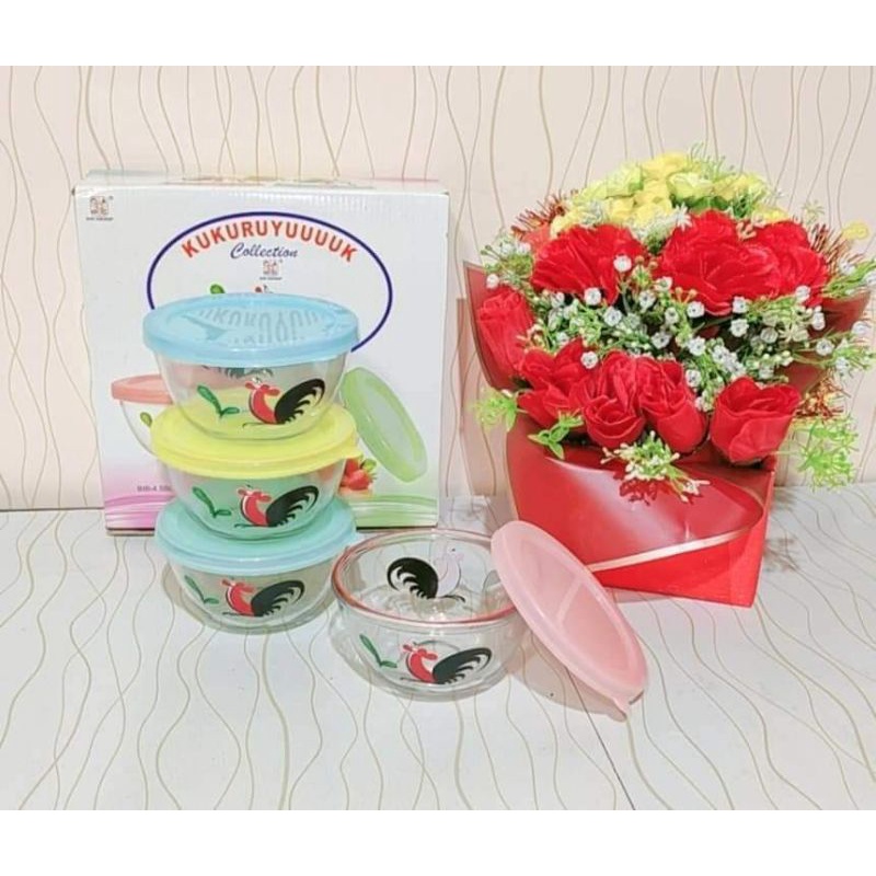 MANGKOK AYAM KACA KECIL DENGAN TUTUP SET 4 PCS MEREK KIG GROUP