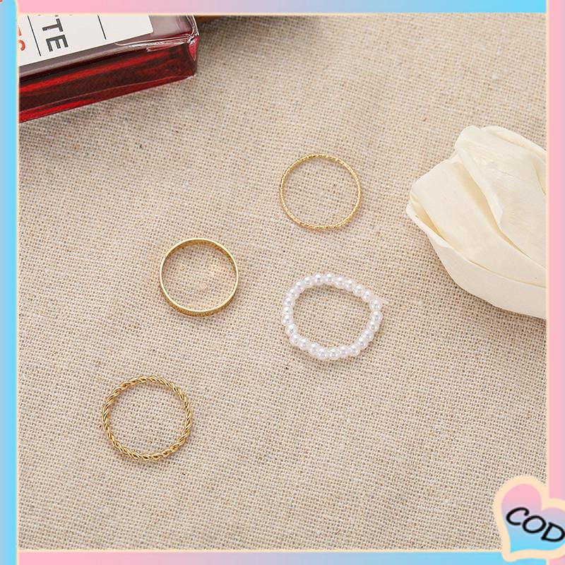 COD❤️ Korea Wanita Mutiara Cincin Wanita Emas Cincin Logam Set Fashion Perhiasan Aksesoris-A.one