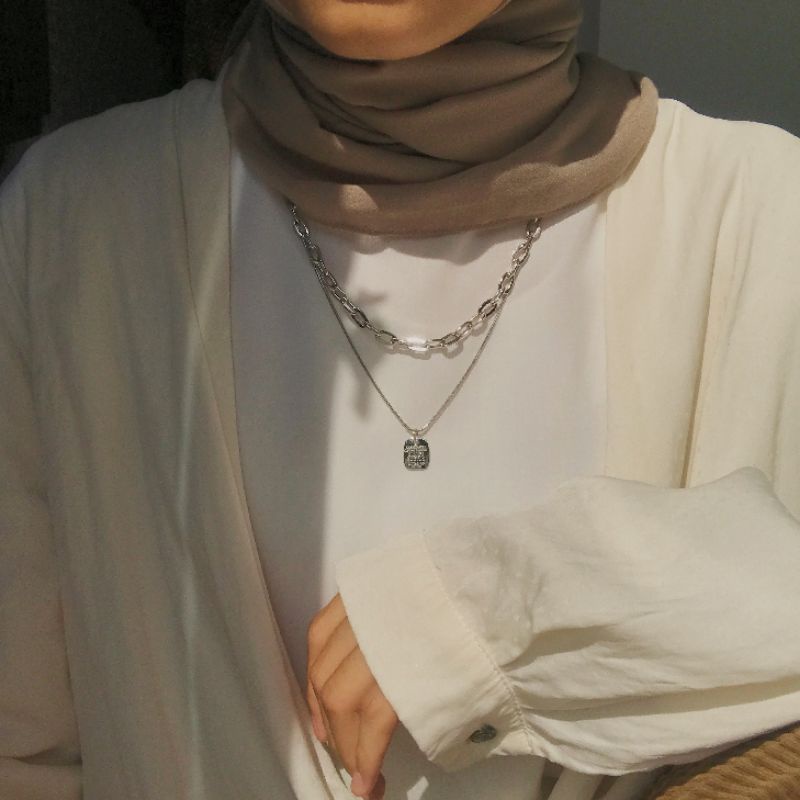 [luckluxe] Galilea Necklace - Kalung Silver Wanita / Kalung Hijab 2 Layer dengan Rectangle Pendant