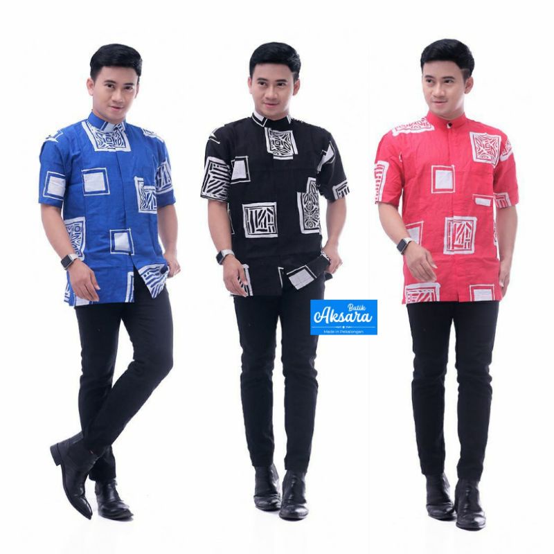 Ori Aksara Batik - Baju Koko Pria Muslim Modern Motif Batik Baru Lengan Pendek Casual Ukuran Reguler