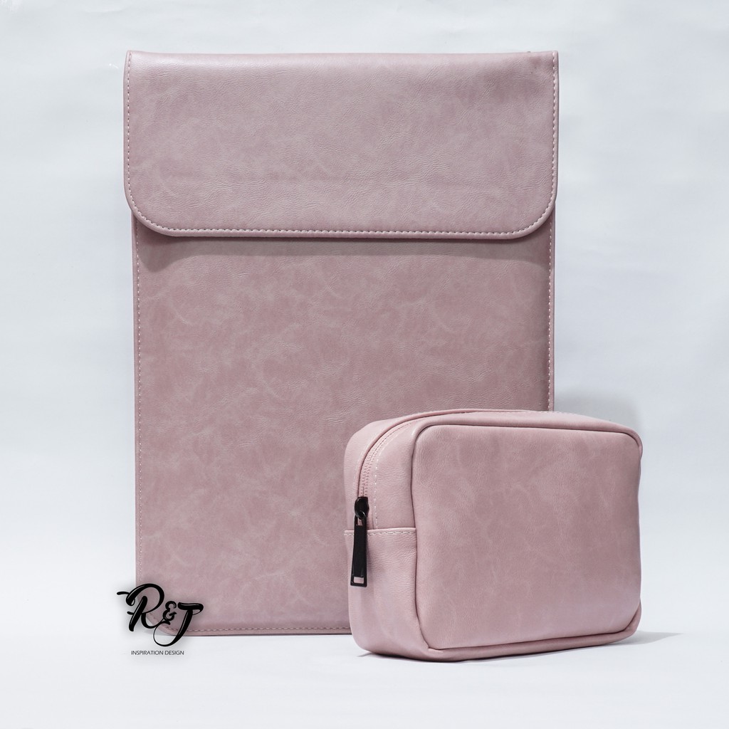 Tas Laptop 13 inch Leather include pouch Macbook Waterproof - Pink