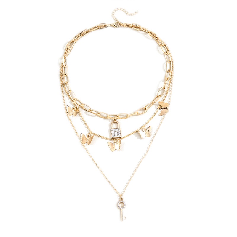 Kalung Rantai Multilayer Dengan Liontin Kupu-Kupu Kunci Aksen Kristal Untuk Wanita