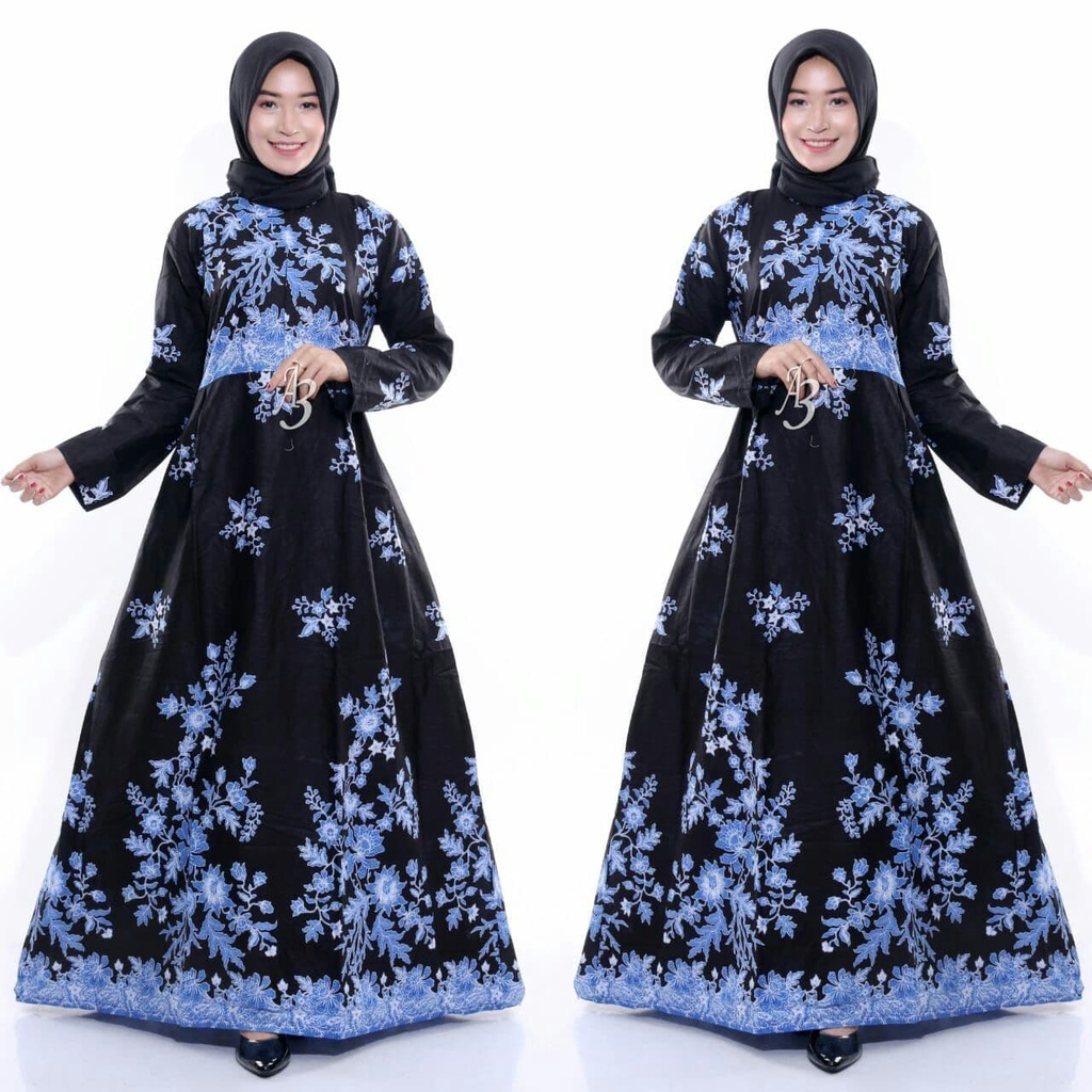 Batik couple keluarga modern terbaru set couple batik keluarga gamis jumbo cibulan biru-Gamis ibu