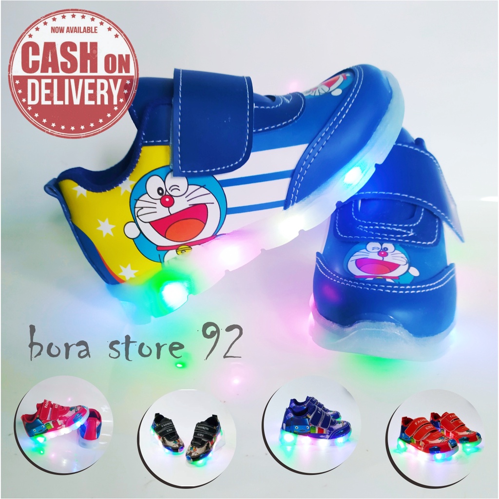 Sepatu sneaker lampu led mtif dora emon terbaru cod 1-5 thn