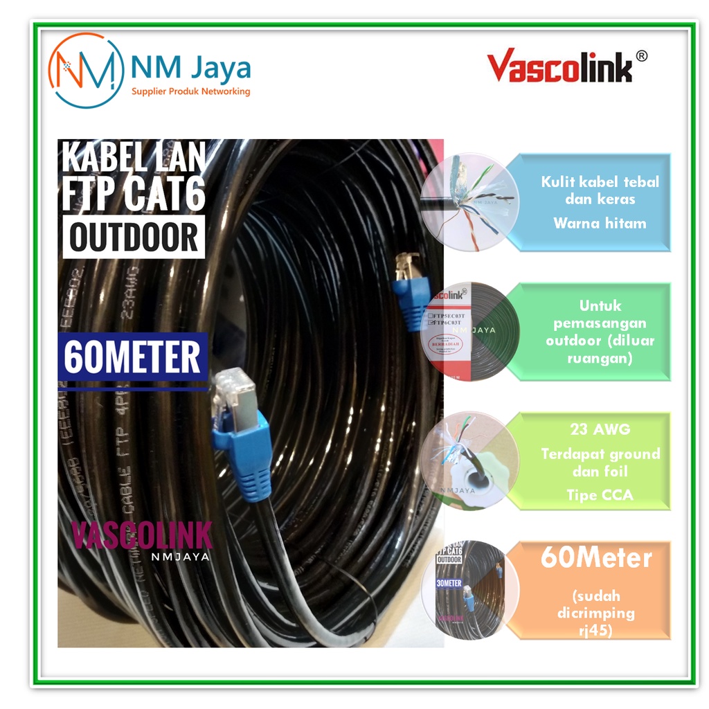 Kabel Lan Outdoor 60 Meter FTP CAT6 Siap Pakai sudah dicrimping rj45 besi dan plugbooth Vascolink Warna Hitam