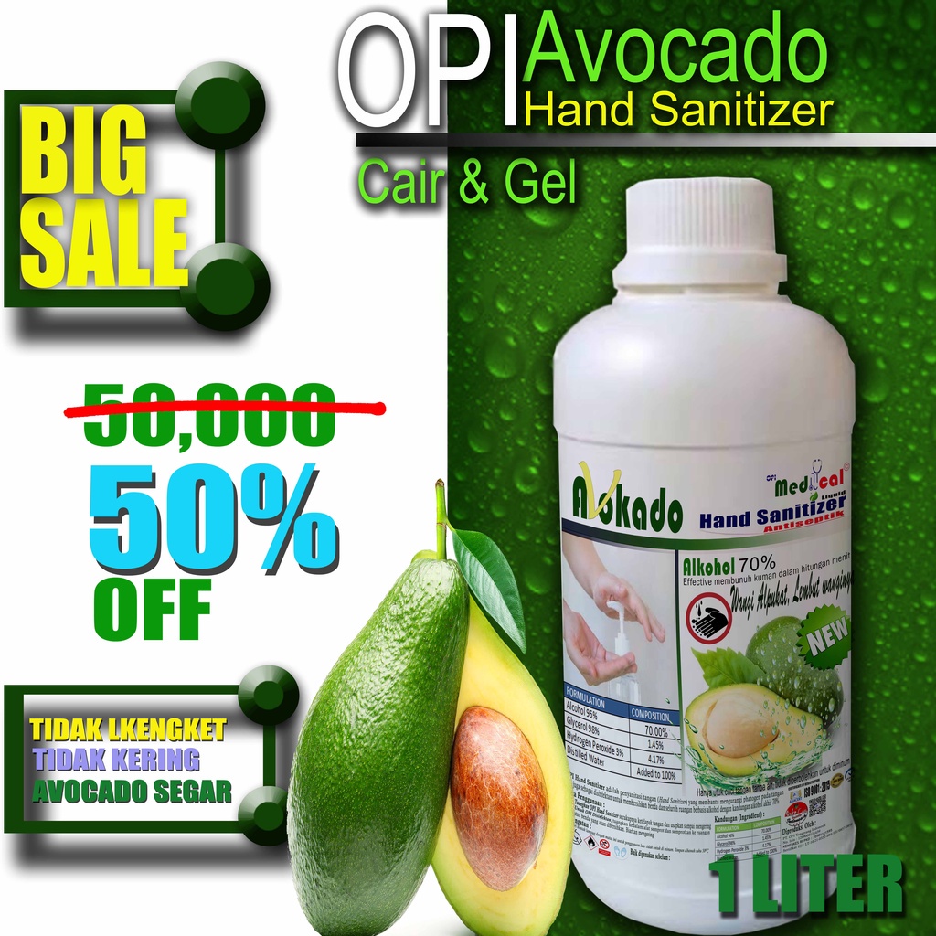 hand sanitizer 1 Liter dan 5 liter cair avocado segar akohol 70% tidak lengket untuk kesehatan dan kebersihan sudah ada izin edar resmi by Oke sabun suplayer