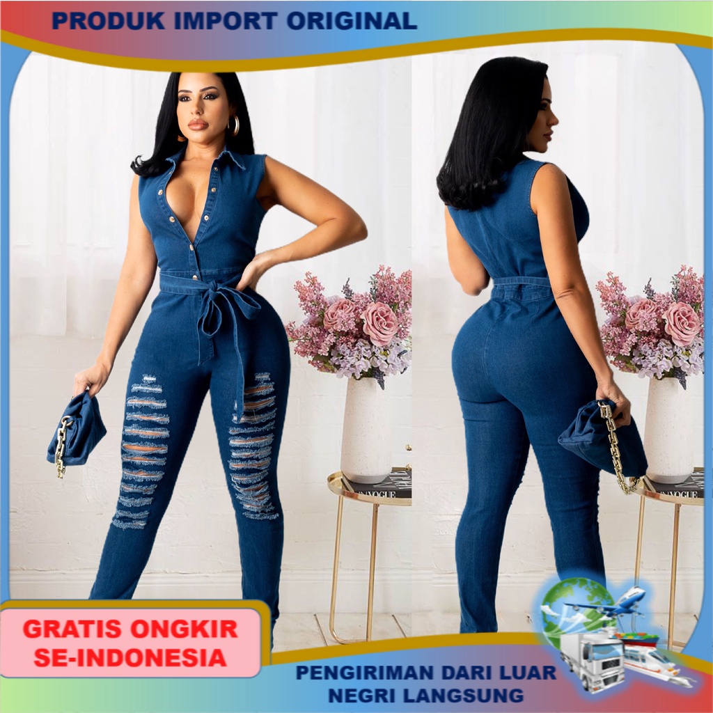 Terusan Wanita Mode Santai Sexy Denim Jumpsuit premium baju perempuan tanpa lengan jeans levis panja