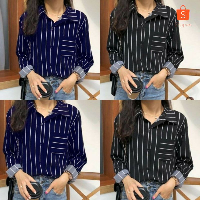 Kemeja Jumbo XL Strip 2 Warna | Kemeja Wanita Lengan Panjang | Baju Atasan Wanita Big Size