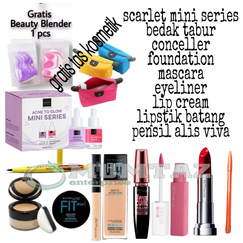 Paket kosmetik kecantikan perawatan wajah lengkap maybeline murah 1 set bedak tabur scarlet mini ser
