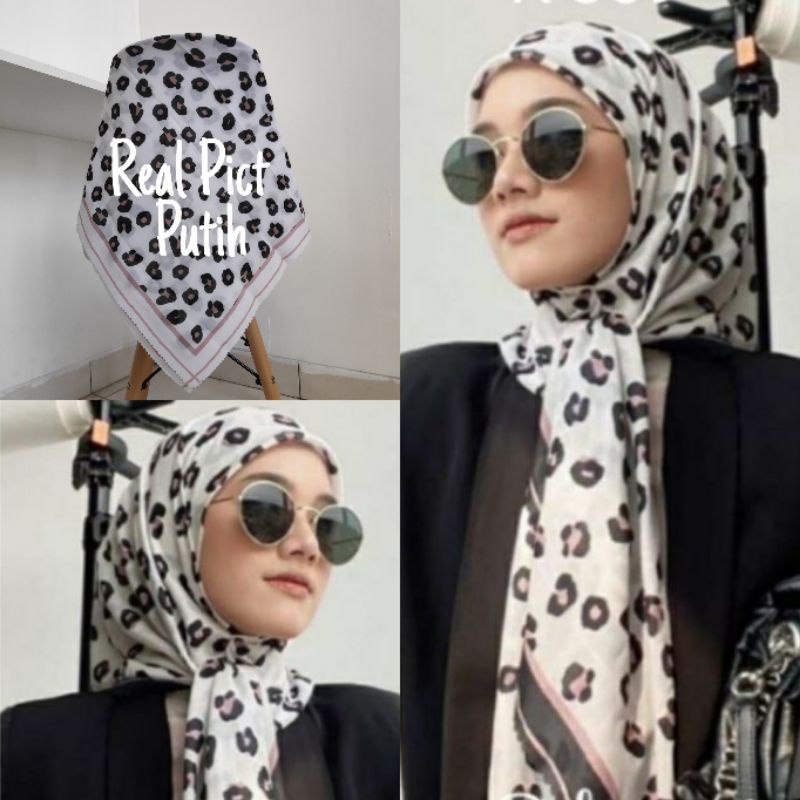 Kerudung vanilla hijab jilbab leopard love rantal polkadot / vanilla hijab segiempat voal motif vanilla chain / deenay kw button kw lasercut-Leo putih